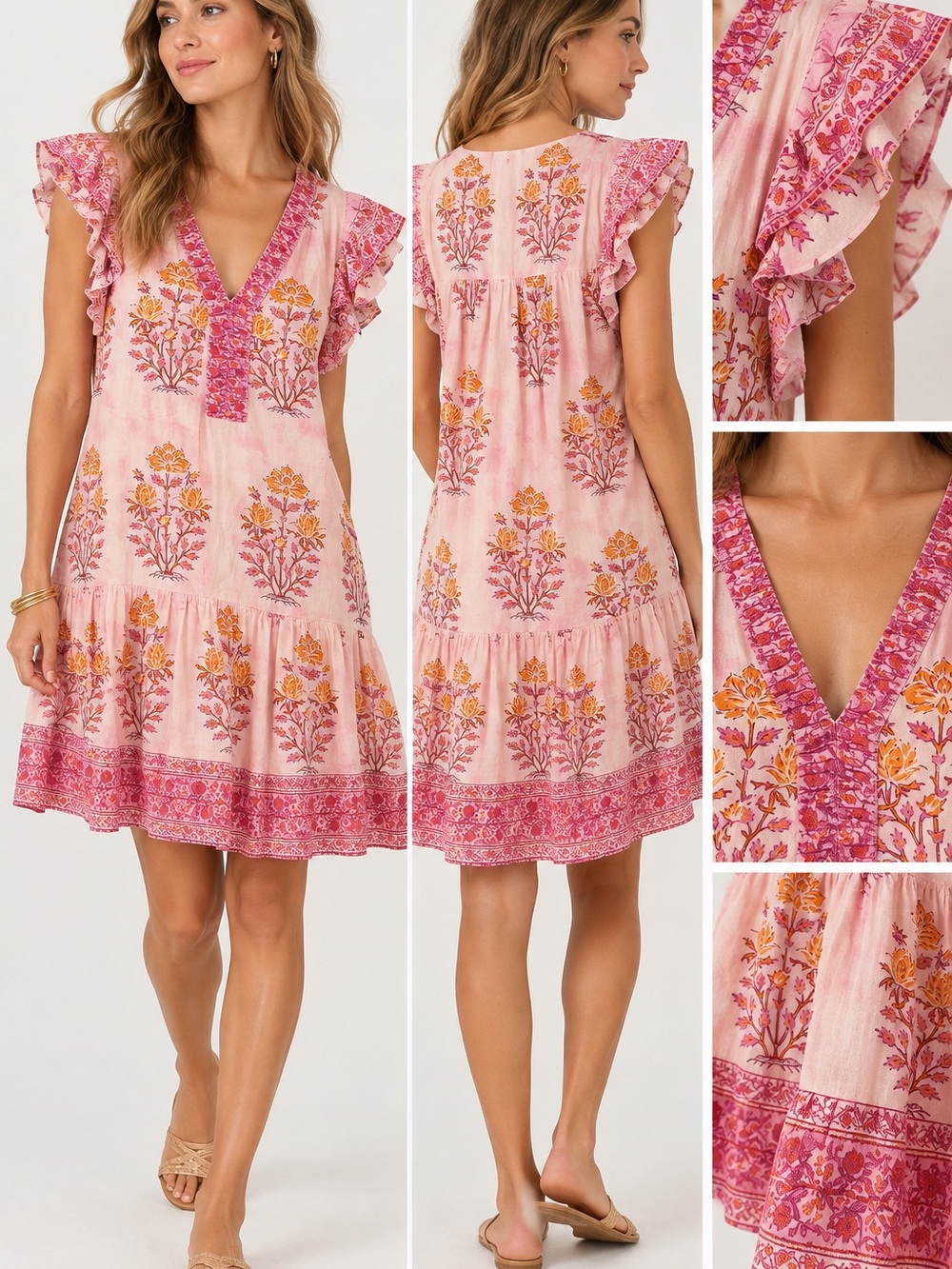 Bindu Pink Floral Block Print Ruffle Sleeve Boho Mini Dress M